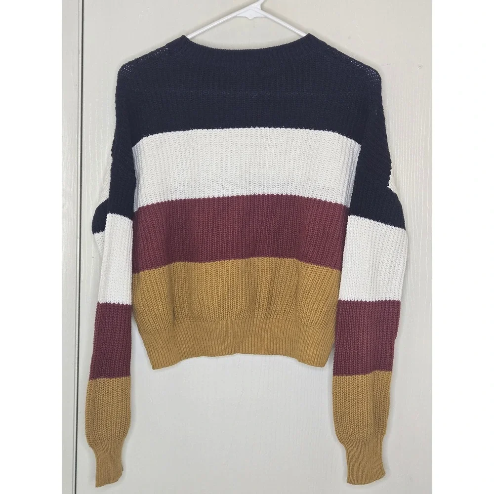 Ambiance Apparel Womens Striped Cropped Sweater Navy Blue White Burgundy M - Picture 3 of 3
